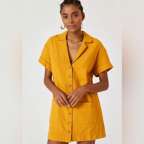 Anthropologie Pilcro Button Down Shirt Dress Pocket Short Sleeve Yellow Small - Picture 1 of 12
